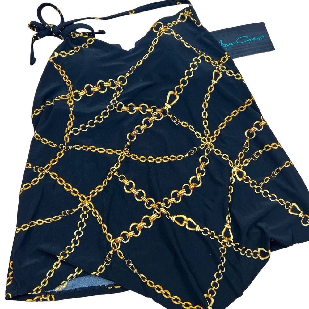 Aqua Green Women's Black with Gold Chain Print Halter Tankini - Medium - NWT